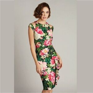 Tadashi Shoji ZORA FLORAL SHOULDER CUT-OUT DRESS SZ Medium Tropical Ruffle Sexy